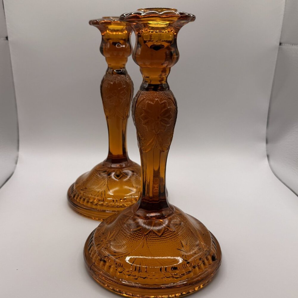Vintage Depression Era Indiana Glass Tiara Amber Candlestick Holders Set